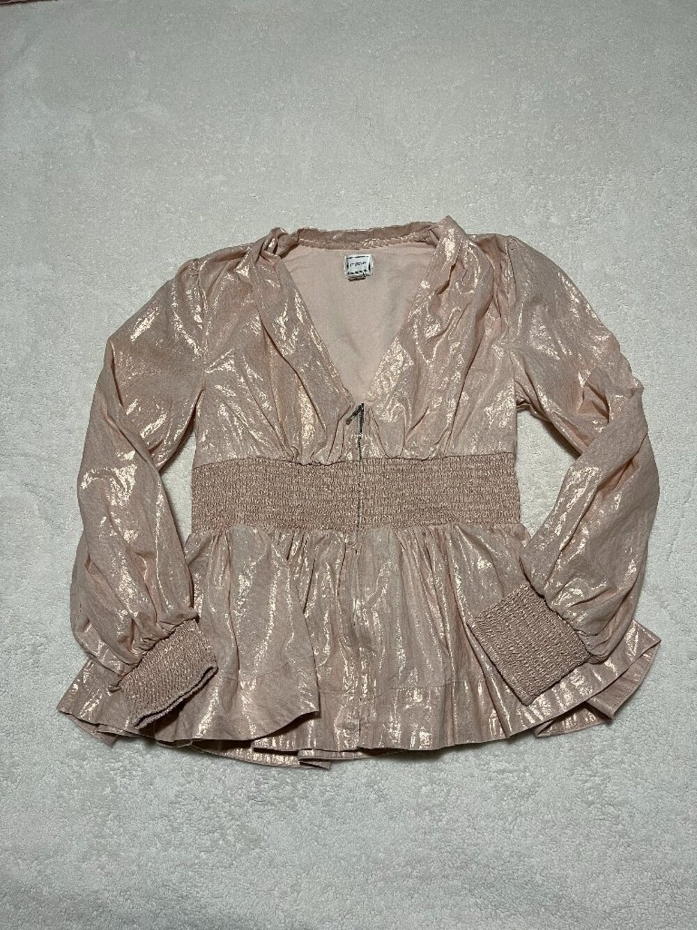 Anthropologie Maeve Pink Shimmery Peplum Blouse Cinched YKK Zipper V-Neck Small